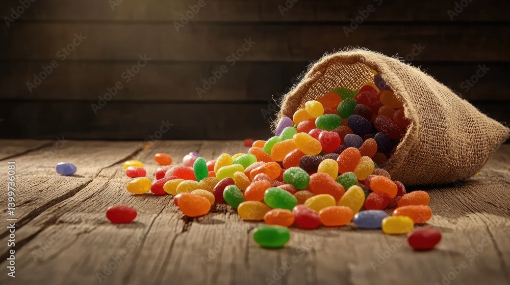 Poster A spilled bag of rainbow jellybeans on a rustic wooden table with a shallow depth of field