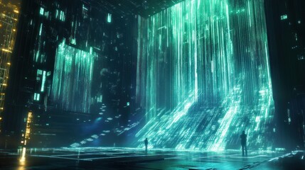 Futuristic Data Processing Environment with Individuals in a Dark Room