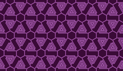 Vector illustration with curved line. Modern pattern in triangles style. For modern interior design, fashion print. Light, dark purple. Seamless