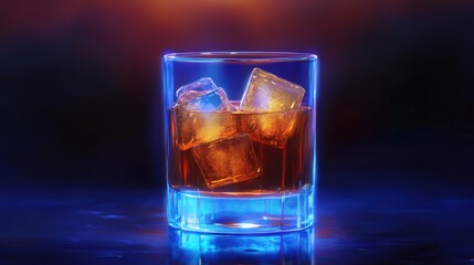 A glass of whiskey with ice cubes, glowing in blue and orange light, creating a vibrant atmosphere