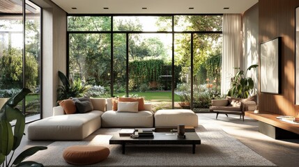 Fototapeta premium A modern living room showcasing a large window and outdoor views
