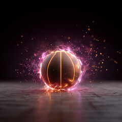 Dynamic basketball with glowing energy effects captivating motion in a darkened arena environment
