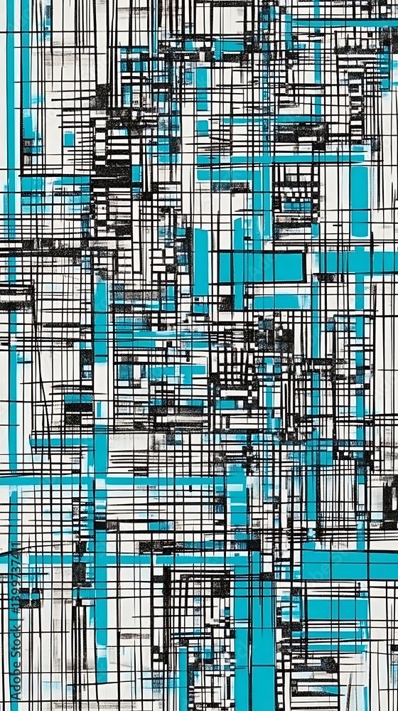 Poster abstract geometric pattern, composed of intersecting lines, squares, and rectangles, in shades of gr