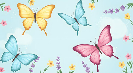 Colorful butterflies and flowers illustrated on a blue background, showcasing a vibrant and cheerful design.