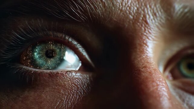 Macro shot of a human eye with digital data or pixels reflected in the pupil, representing bionic vision, augmented reality, data collection and technology integration concept