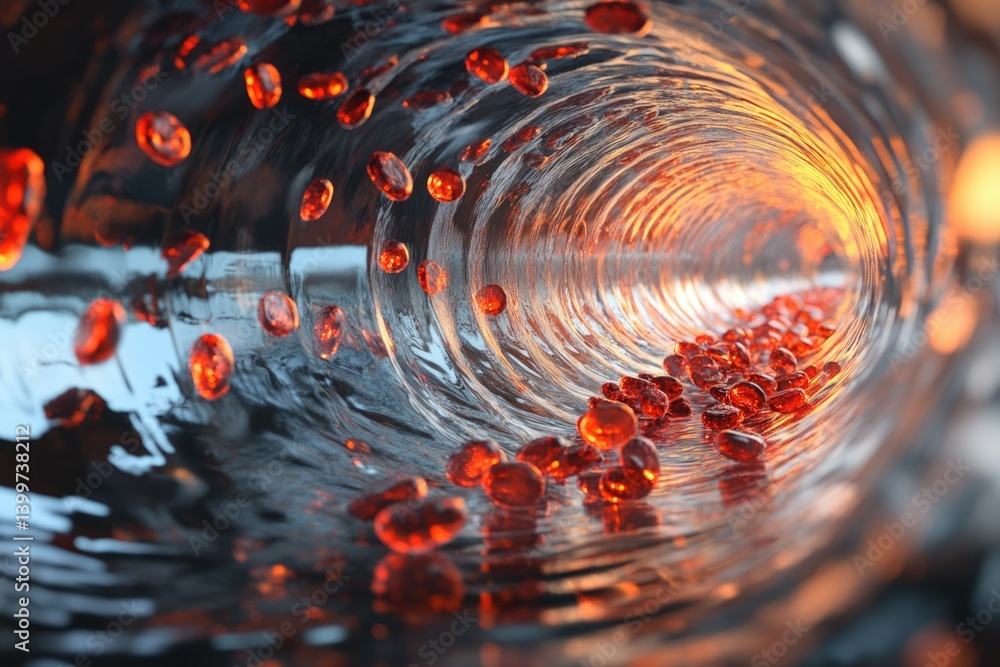 Poster red gems flowing through a translucent tunnel, illuminated by a warm light at the end.