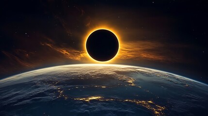 Solar eclipse over earth view from space celestial event astronomical phenomenon cosmic background wallpaper