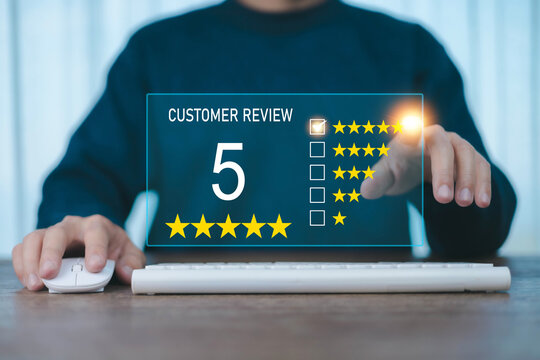 Customer satisfaction survey concept. User customer five-star rating to service experience, Good service has resulted in 5-star reviews from customers, satisfaction, user, five-star
