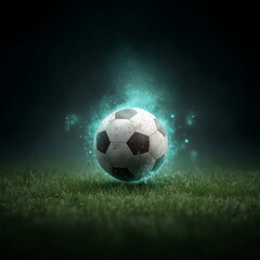 Fototapeta premium Soccer ball surrounded by glowing particles on a grassy field creates a mystical atmosphere for sports enthusiasts and fans of the game