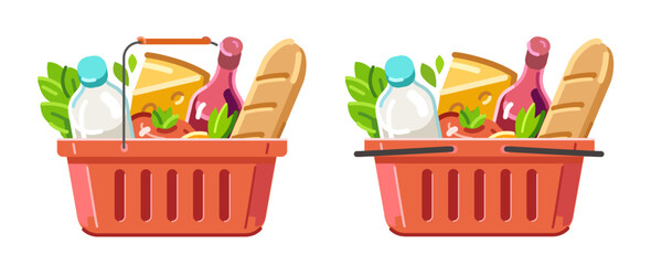 Full red shopping basket filled with various food products. Grocery store concept flat design cartoon