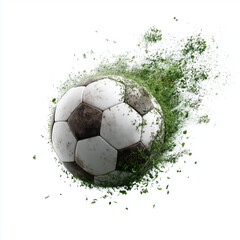 Dynamic soccer ball bursting through a grassy surface, showcasing action and energy in sports