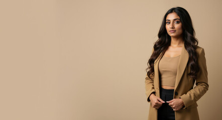 Indian woman in tan blazer and crop top against beige background. Modern business casual look for fashion catalog, professional branding, corporate diversity campaigns