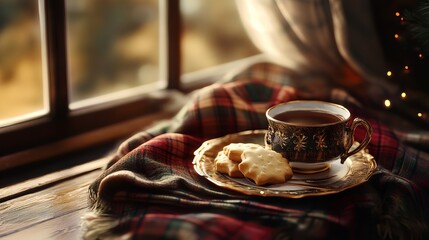 Cozy Scottish tea setting features shortbread cookies on a tartan napkin near a window during National Tartan Day