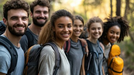 Fototapeta premium A happy group of hikers smiling together in nature