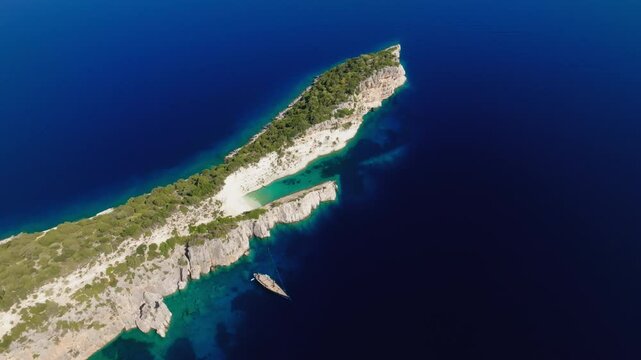Aerial: Hulla Beach on Ithaca island, showcasing its untouched beauty