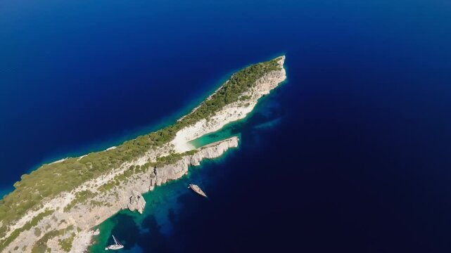 Slow panning drone shot of remote and unspoiled beach in Ithaca island, Greece