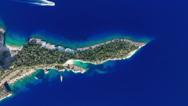 Top down drone shot of Hulla beach on Ithaca Island, Greece