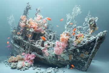 Sunken shipwreck colonized by vibrant coral reefs and orange fish, a breathtaking underwater scene.