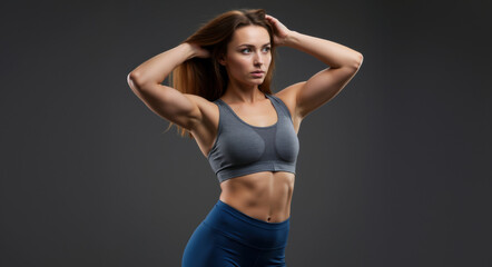 Obraz premium Woman in gray sports bra and blue leggings with hands in hair against dark background. Athletic body with toned abdomen showing fitness results. Fitness concept for activewear advertising