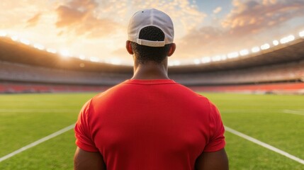 Athlete Gazing at Sunset on Stadium Field in Sports Jersey