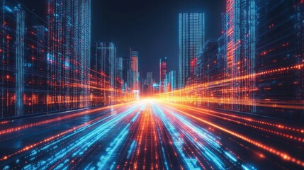 Fototapeta premium Futuristic Cityscape: Digital Highway of Light and Data Streams