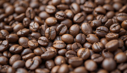 Obraz premium Close up of roasted coffee beans background, roasted coffee beans texture, coffee bean close-up, fresh roasted coffee beans, coffee beans background design