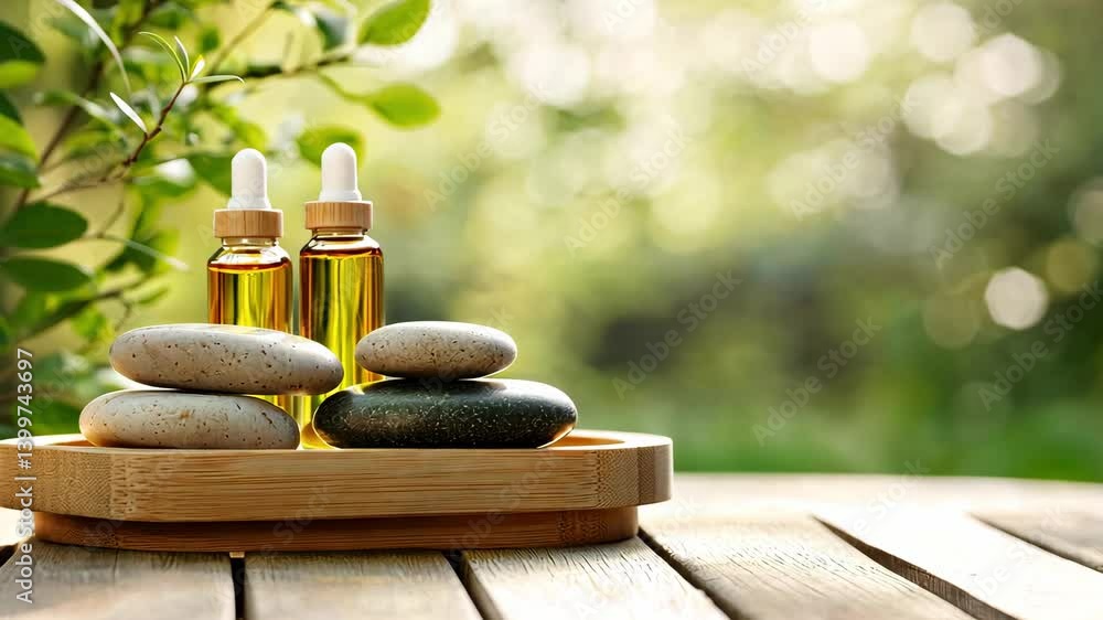 Poster serene display of essential oils in glass bottles on smooth stones, creating tranquil atmosphere for