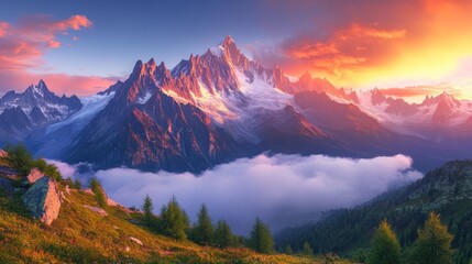Obraz premium Majestic Alpine Sunrise Over Misty Peaks