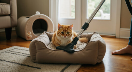 Ginger cat sitting in pet bed with vacuum cleaner. Animal companion during home cleaning. Pet care concept for household maintenance, pet furniture hygiene and allergen control