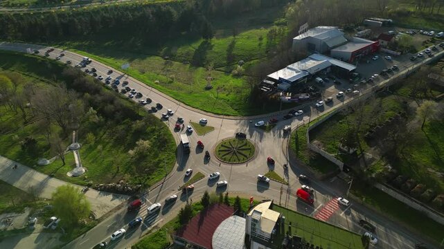 Midday lively traffic in Botosani, northeastern town of Romania. Aerial drone shot