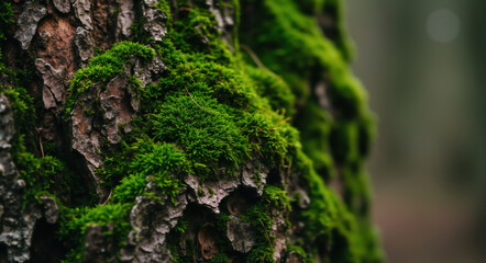 Close up of moss growing on tree bark. Forest ecosystem detail concept for nature preservation and biodiversity awareness