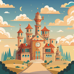 Fototapeta premium Whimsical Castle in Clouds: A Fantasy Vector Illustration