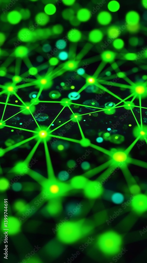 Poster abstract network of interconnected glowing points. dynamic network of connections with vibrant green