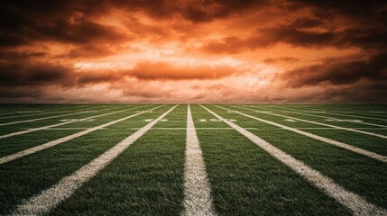 Obraz premium Expansive Football Field Under Dramatic Sunset Sky with Clouds