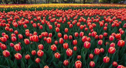 Colorful tulip field with red, yellow and orange flowers. Spring floral display concept for garden festivals and flower tourism