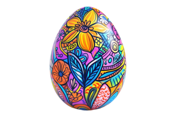 Decorative Easter egg with intricate floral patterns in vibrant colors isolated on white transparent background.