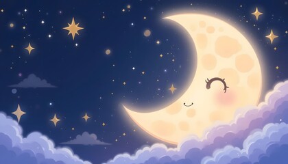 Adorable Crescent Moon in Night Sky: A Dreamy Celestial Illustration