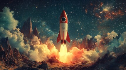 Red rocket launching amidst stars and clouds in mystical space landscape