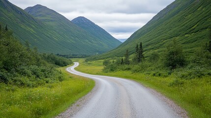 Fototapeta premium Serene Mountain Road Trip: Alaskan Adventure