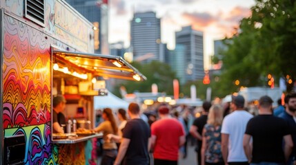 Obraz premium Vibrant Food Truck Scene at Sunset in Bustling Urban Festival