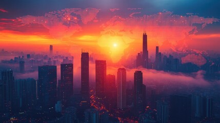 Fototapeta premium Futuristic cityscape at sunset with digital world map overlay