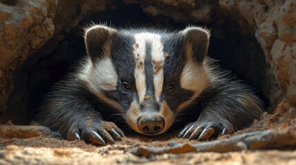 Obraz premium Badger emerging from burrow. Close-up view of badger's face and front paws. Dark cave entrance