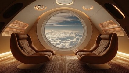 Fototapeta premium Futuristic Airplane Lounge: Cloud Views from Luxurious Seating