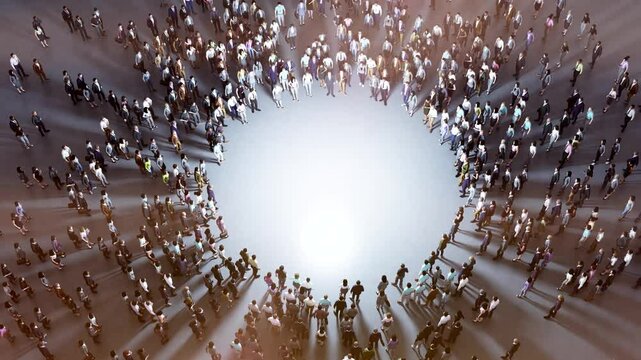 Crowd of people forming a circle around a bright light