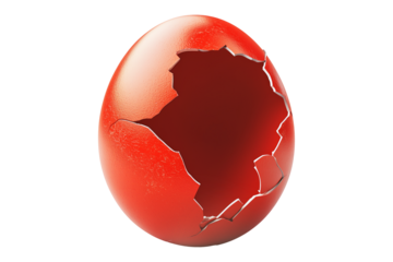 Cracked red egg with hole shaped like a devil's silhouette isolated on white transparent background.