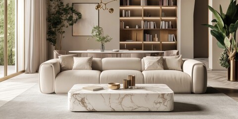 Obraz premium Modern Beige Living Room Interior Design with Marble Coffee Table