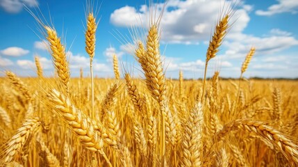 Fototapeta premium Golden wheat field under blue sky with clouds in rural landscape