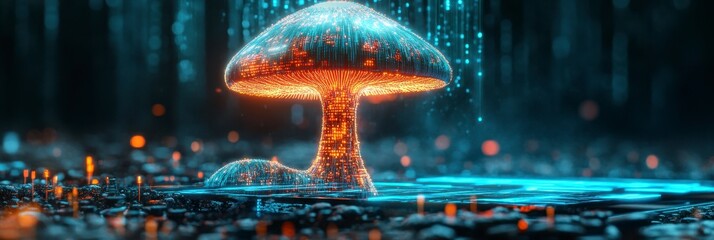 Luminous Cybernetic Fungus in a Digital Forest - Futuristic Nature Scene