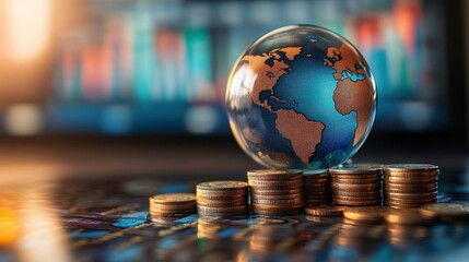 Global economy concept: glass globe on stacks of coins with financial graphs