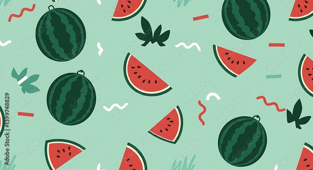 Poster watermelon slice and whole pattern on light green background vector